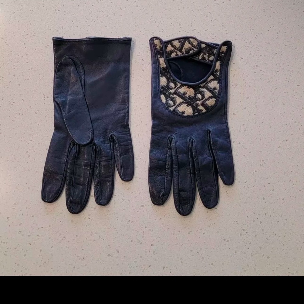 Dior Blue Leather Gloves with Patterned Cuff